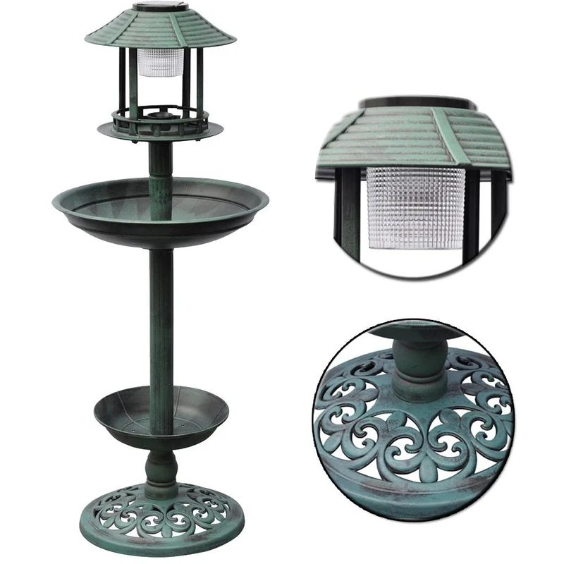Baignoire mangeoire fontaine bain d'oiseaux verte avec lampe solaire 39x39x97 cm DEC020796