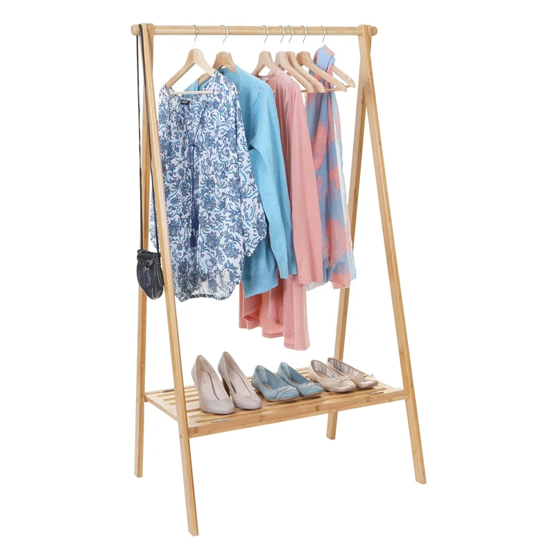 Portant porte-manteau vêtement avec étagère de rangement chaussure ou accessoire en bambou pliable 150x84x57cm 04_0004926