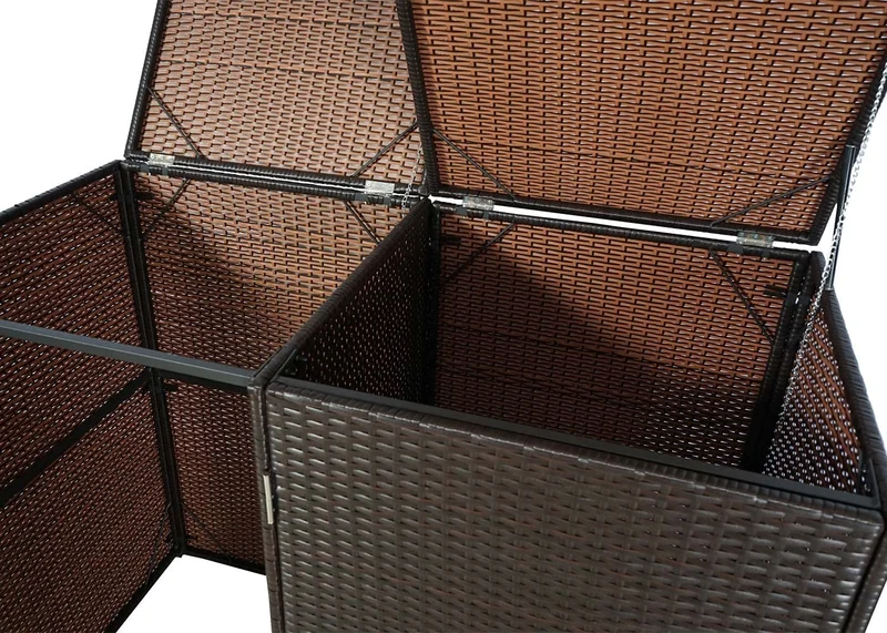 Abri de poubelles extérieur conteneurs à ordures jusqu'à 2 bacs avec couvercle poly rotin 2x120 litres marron 04_0002856