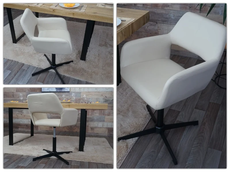 Chaise de salle à manger bureau réglable en hauteur en synthétique crème pieds acier noir 04_0003409