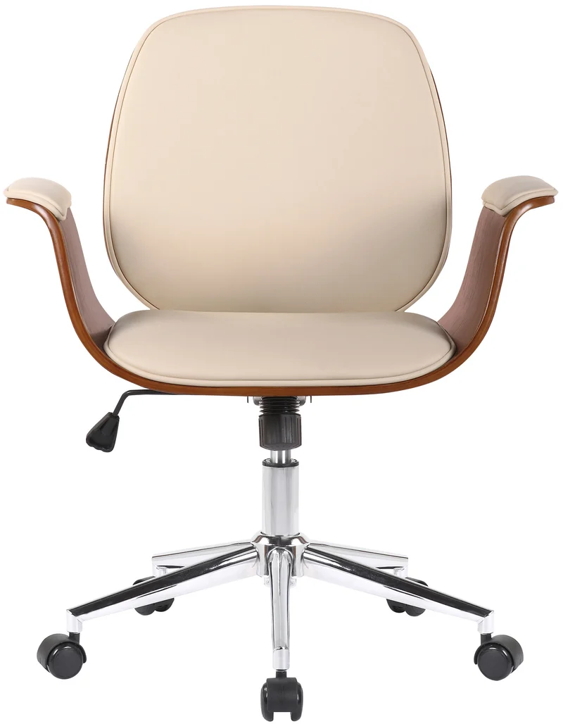 Fauteuil de bureau moderne et confortable accoudoirs incurvés hauteur réglable en synthétique crème bois et métal BUR10554