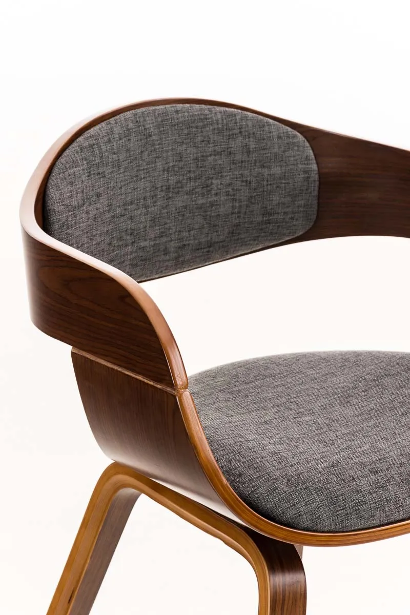 Chaise de bureau sans roulettes visiteur en tissu et bois design retro et confort maximal noyer gris clair BUR10548