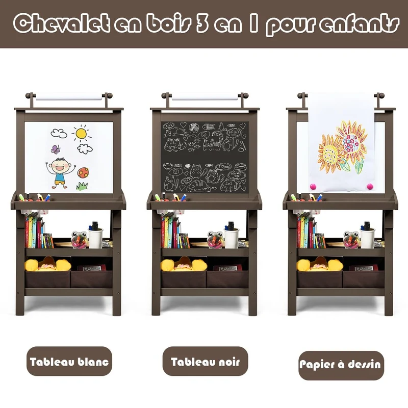 Chevalet pour enfants 3 en 1 tableau de dessin magnétique double faces (tableau blanc + tableau noir) café 20_0000441