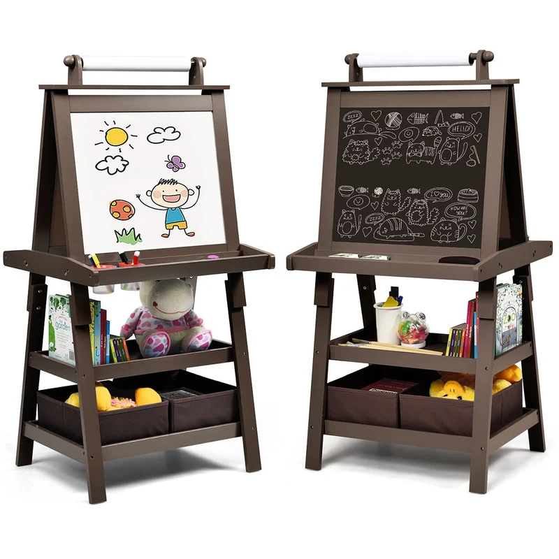 Chevalet pour enfants 3 en 1 tableau de dessin magnétique double faces (tableau blanc + tableau noir) café 20_0000441