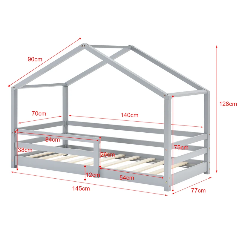 Lit cabane pour enfant forme de maison avec barrière de sécurité en bois de pin gris 70 x 140 cm 03_0005523