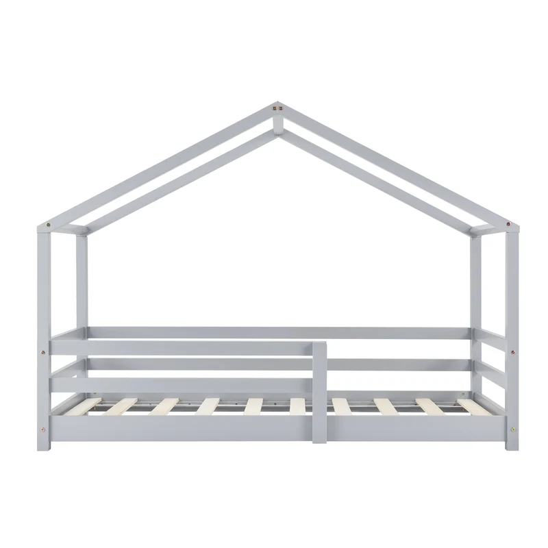Lit cabane pour enfant forme de maison avec barrière de sécurité en bois de pin gris 70 x 140 cm 03_0005523