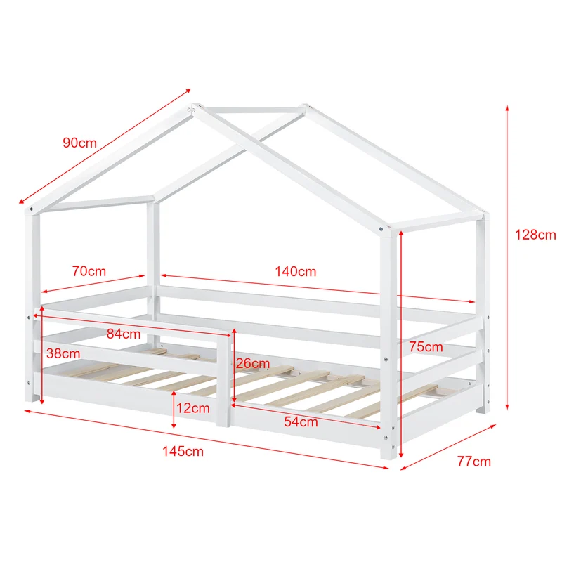 Lit cabane pour enfant forme de maison avec barrière de sécurité en bois de pin blanc 70 x 140 cm 03_0005521
