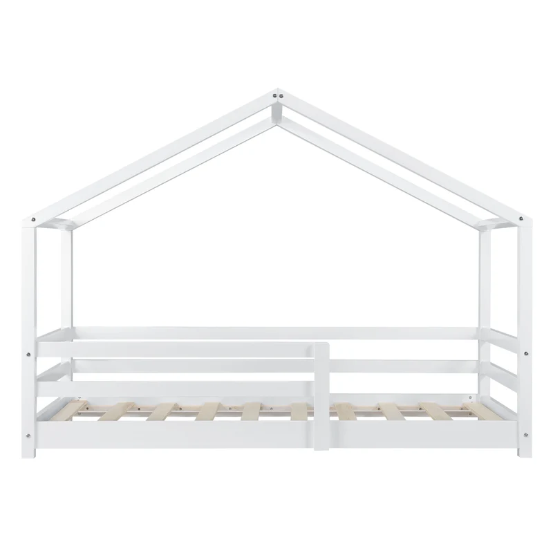 Lit cabane pour enfant forme de maison avec barrière de sécurité en bois de pin blanc 70 x 140 cm 03_0005521