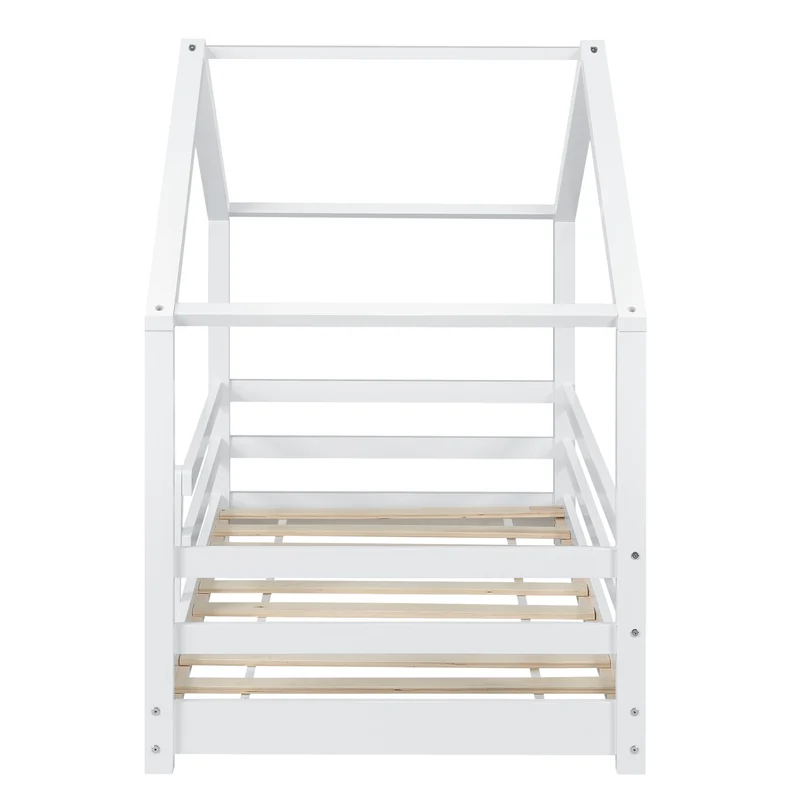 Lit cabane pour enfant forme de maison avec barrière de sécurité en bois de pin blanc 70 x 140 cm 03_0005521