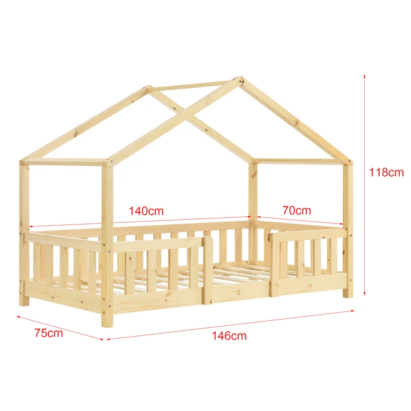 Lit cabane pour enfant forme de maison avec barrière de sécurité en bois de pin couleur naturel 70 x 140 cm 03_0005462