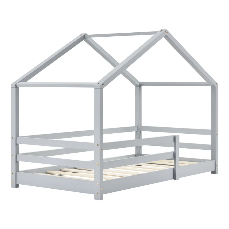 Lit cabane pour enfant forme de maison avec barrière de sécurité en bois de pin gris 90 x 200 cm 03_0005529