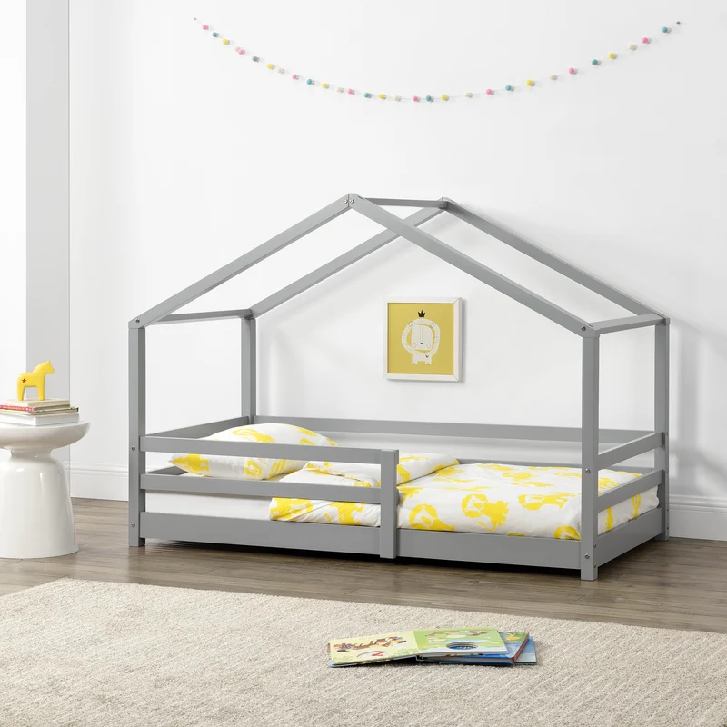 Lit cabane pour enfant forme de maison avec barrière de sécurité en bois de pin gris 90 x 200 cm 03_0005529