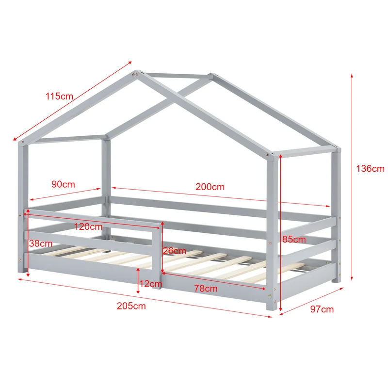 Lit cabane pour enfant forme de maison avec barrière de sécurité en bois de pin gris 90 x 200 cm 03_0005529