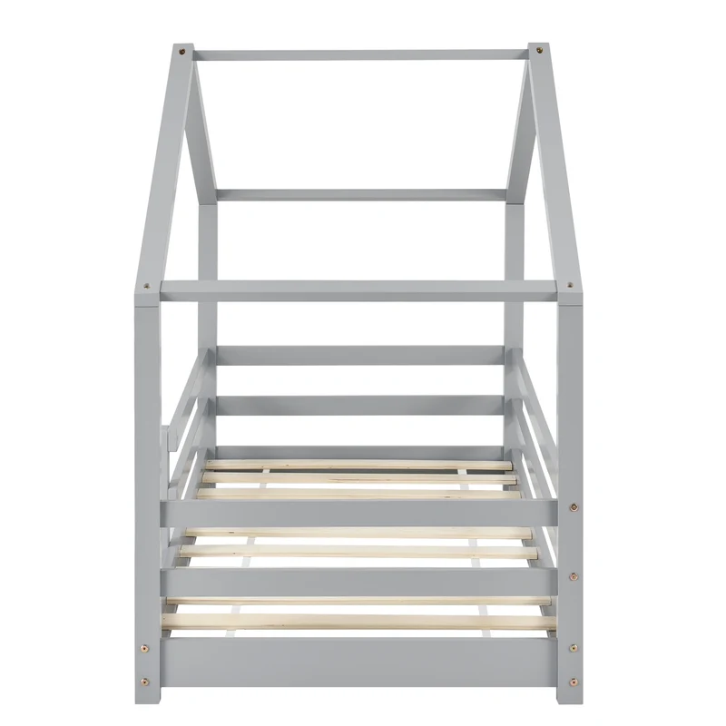Lit cabane pour enfant forme de maison avec barrière de sécurité en bois de pin gris 90 x 200 cm 03_0005529