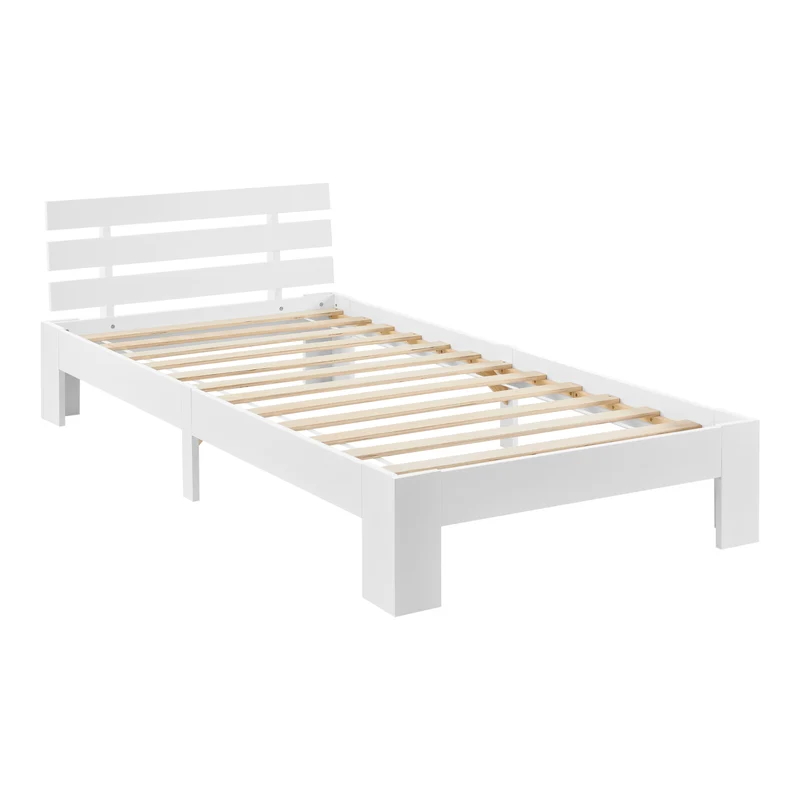 Cadre de Lit Design Nivala à Sommier à Lattes Capacité de Charge 100 kg Lit Simple Stylé en Pin et Bois Stratifié 90 x 200 cm Blanc 03_0004743