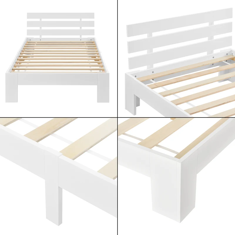 Cadre de Lit Design Nivala à Sommier à Lattes Capacité de Charge 100 kg Lit Simple Stylé en Pin et Bois Stratifié 90 x 200 cm Blanc 03_0004743