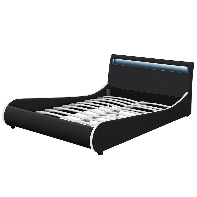 Lit double 2 personnes capitonné LED 140 x 200 cm en cuir synthétique noir avec sommier à lattes 03_0005333