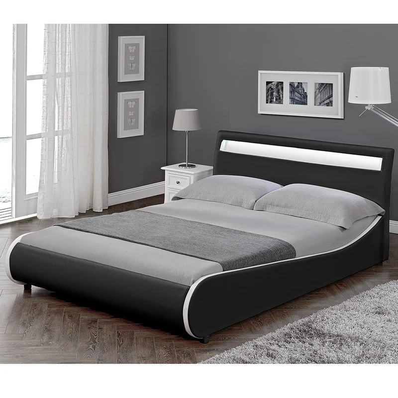 Lit double 2 personnes capitonné LED 140 x 200 cm en cuir synthétique noir avec sommier à lattes 03_0005333