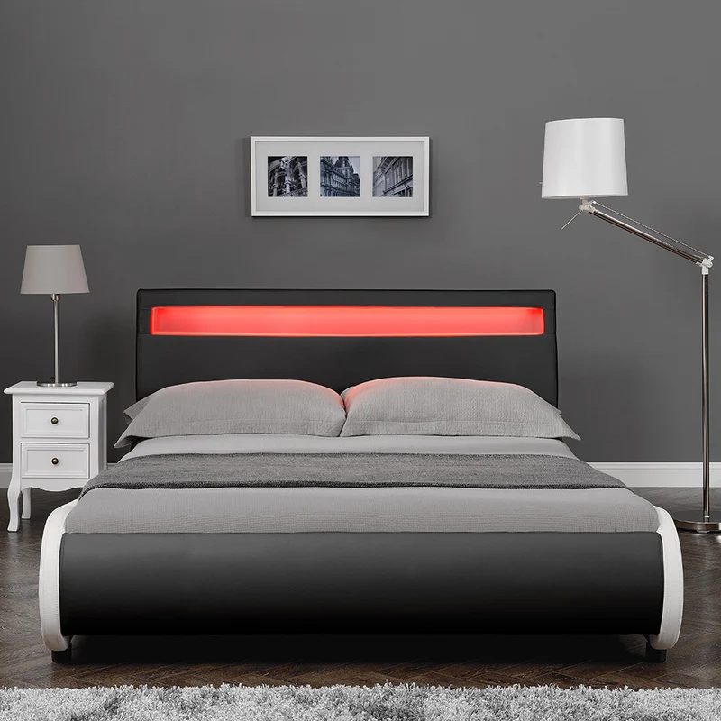 Lit double 2 personnes capitonné LED 140 x 200 cm en cuir synthétique noir avec sommier à lattes 03_0005333