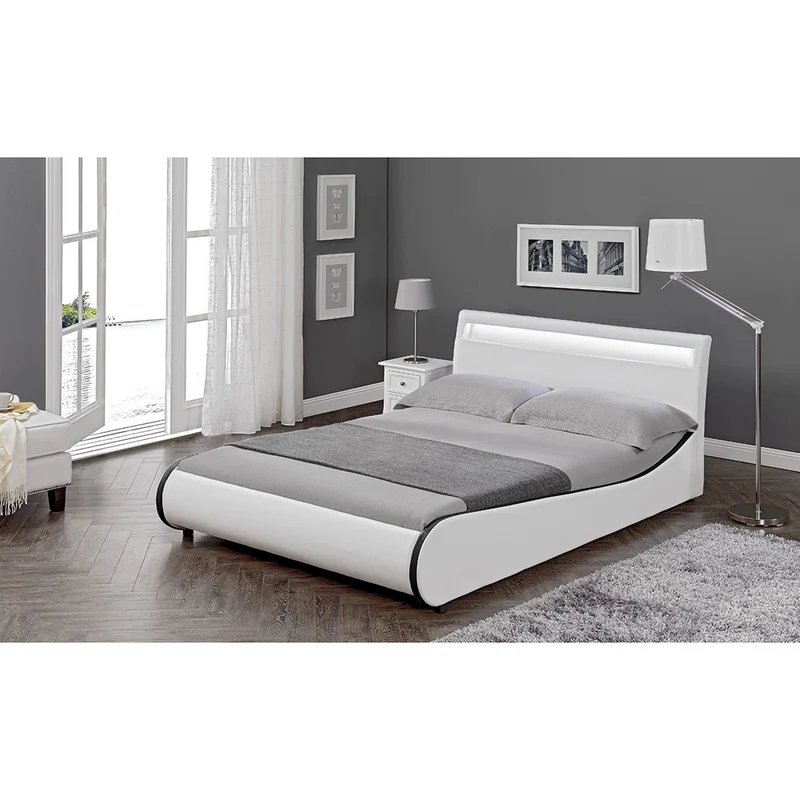 Lit double 2 personnes capitonné LED 180 x 200 cm en cuir synthétique blanc avec sommier à lattes 03_0005324