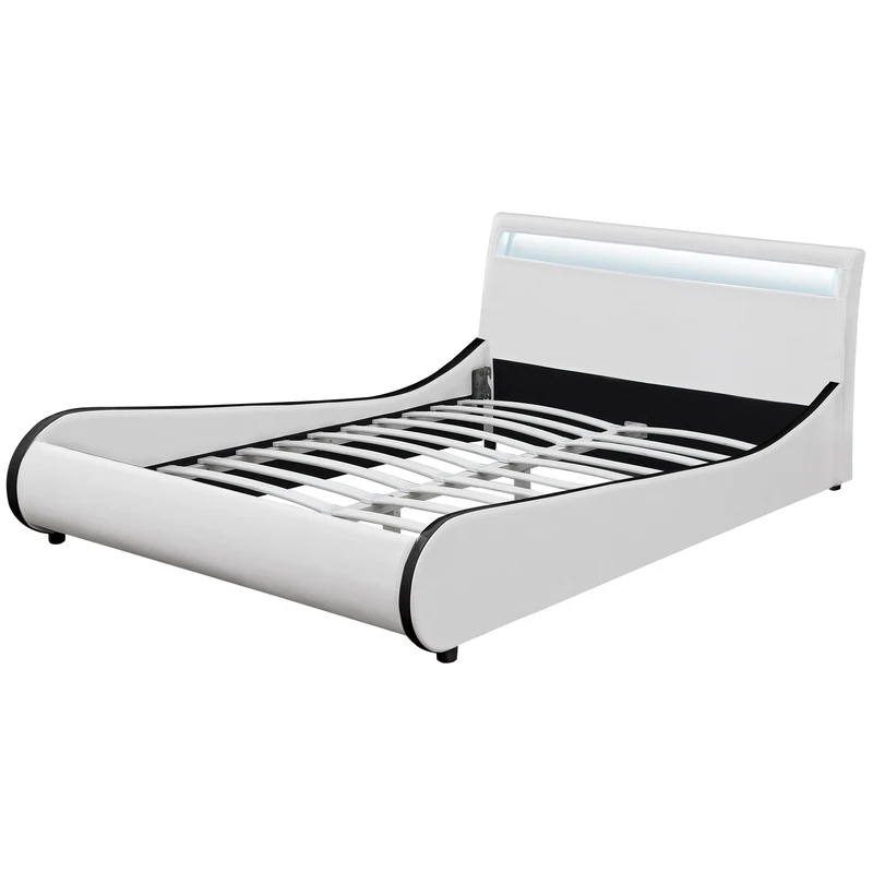 Lit double 2 personnes capitonné LED 140 x 200 cm en cuir synthétique blanc avec sommier à lattes 03_0005323