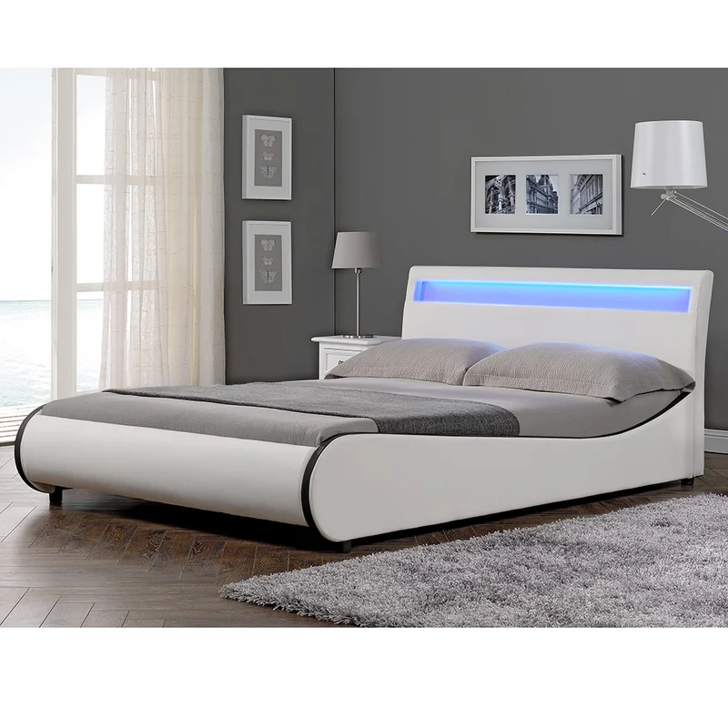 Lit double 2 personnes capitonné LED 140 x 200 cm en cuir synthétique blanc avec sommier à lattes 03_0005323