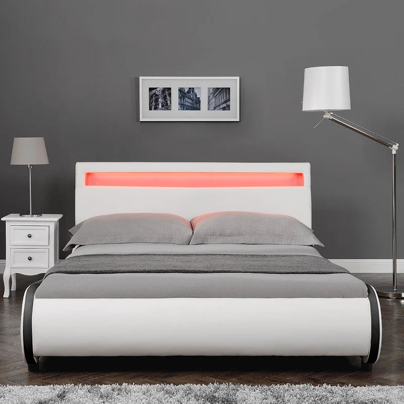 Lit double 2 personnes capitonné LED 140 x 200 cm en cuir synthétique blanc avec sommier à lattes 03_0005323