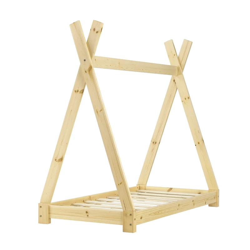 Lit tipi pour enfant avec sommier à lattes bois de pin naturel 70 x 140 cm 03_0002654