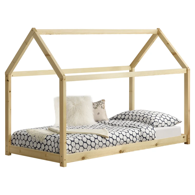 Lit pour enfant forme maison cabane en bois naturel avec sommier à lattes 90 x 200 cm 03_0002712
