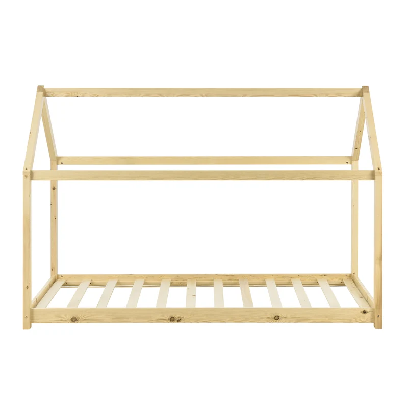 Lit pour enfant forme maison cabane en bois naturel avec sommier à lattes 90 x 200 cm 03_0002712
