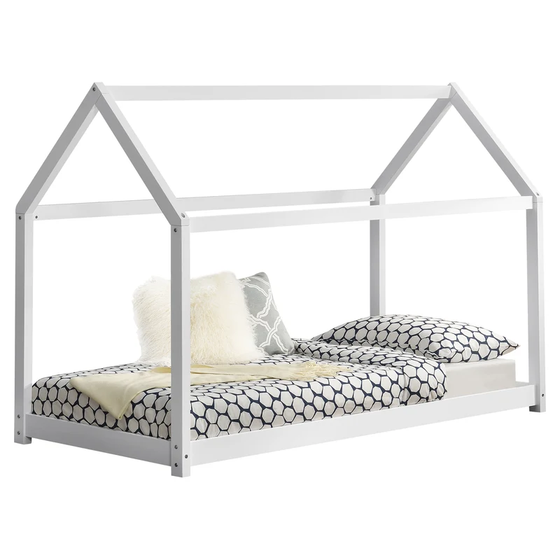 Lit pour enfant forme maison cabane en bois blanc avec sommier à lattes 90 x 200 cm 03_0002711
