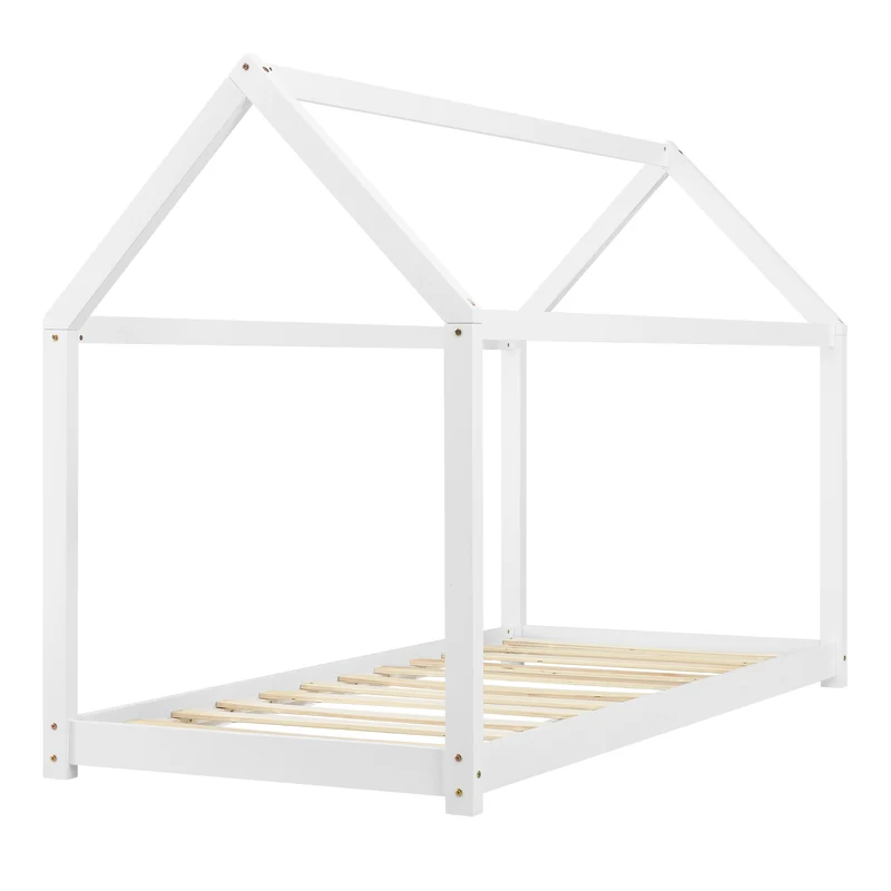 Lit pour enfant forme maison cabane en bois blanc avec sommier à lattes 90 x 200 cm 03_0002711