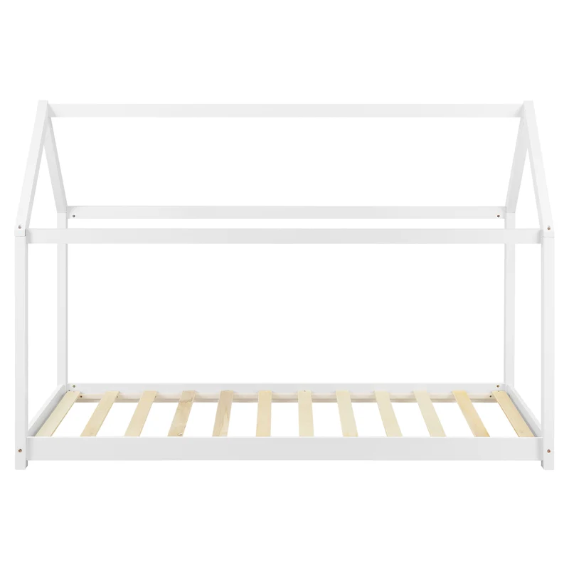 Lit pour enfant forme maison cabane en bois blanc avec sommier à lattes 90 x 200 cm 03_0002711