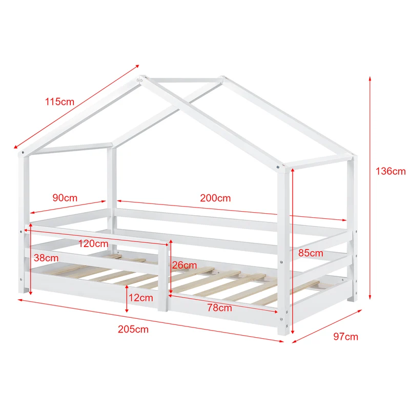 Lit cabane maison pour enfant avec barrière et sommier à lattes bois de pin blanc 200 x 90 cm 03_0005527