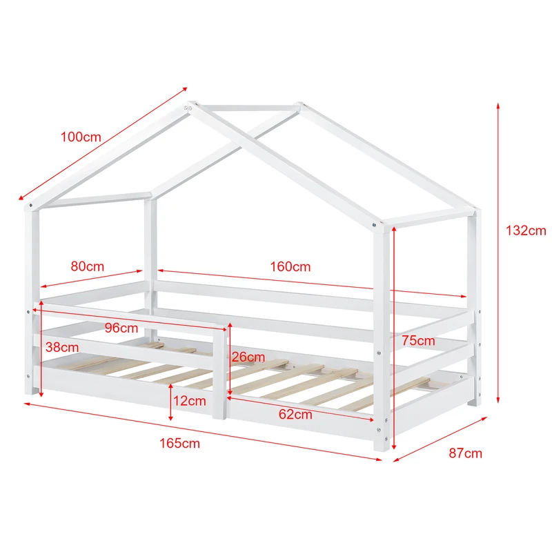 Lit cabane maison pour enfant avec barrière et sommier à lattes bois de pin blanc 160 x 80 cm 03_0005524