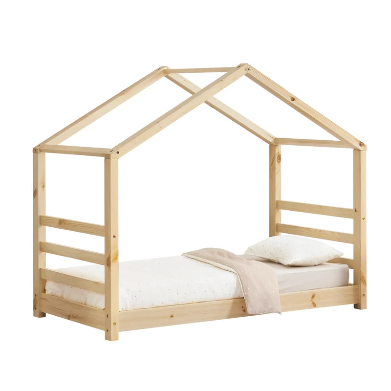 Lit pour enfant cabane maison avec sommier à lattes bois de pin naturel 80 x 160 cm 03_0005499