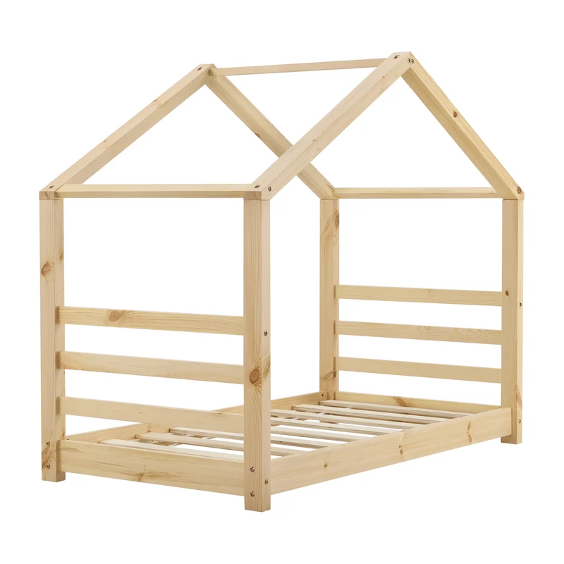 Lit pour enfant cabane maison avec sommier à lattes bois de pin naturel 80 x 160 cm 03_0005499