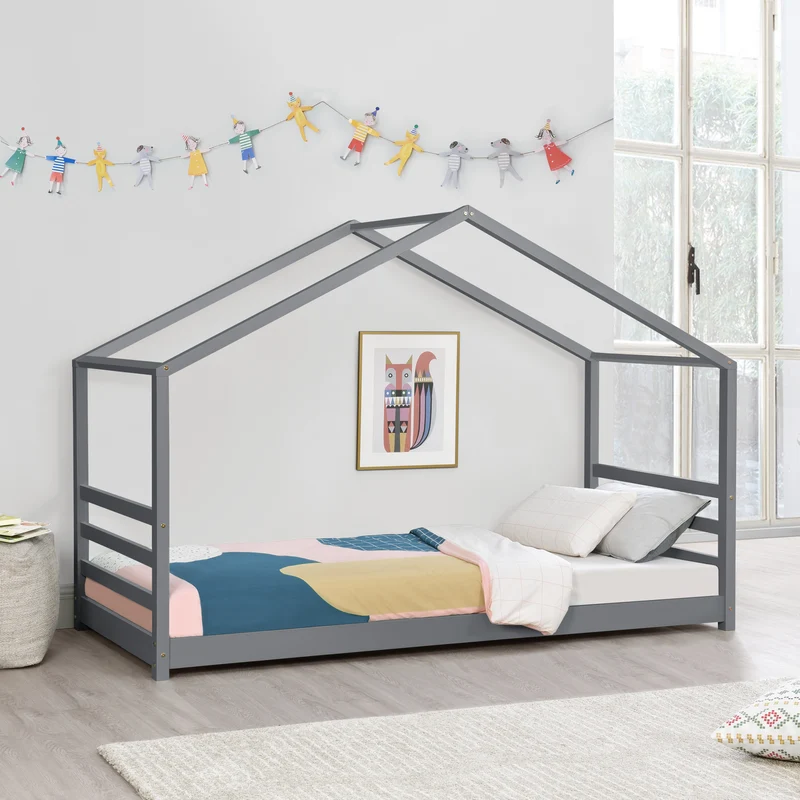 Lit pour enfant cabane maison avec sommier à lattes bois de pin gris foncé 90 x 200 cm 03_0005501