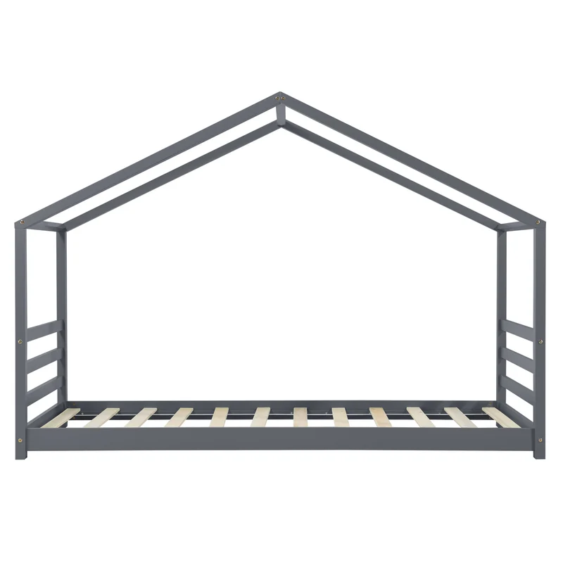 Lit pour enfant cabane maison avec sommier à lattes bois de pin gris foncé 90 x 200 cm 03_0005501
