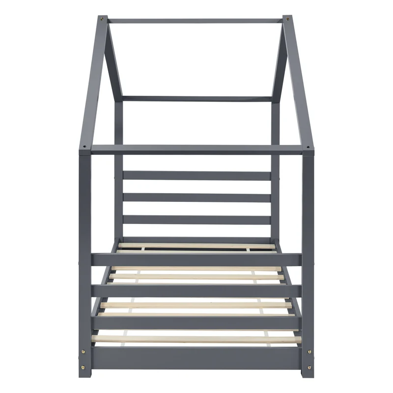 Lit pour enfant cabane maison avec sommier à lattes bois de pin gris foncé 90 x 200 cm 03_0005501