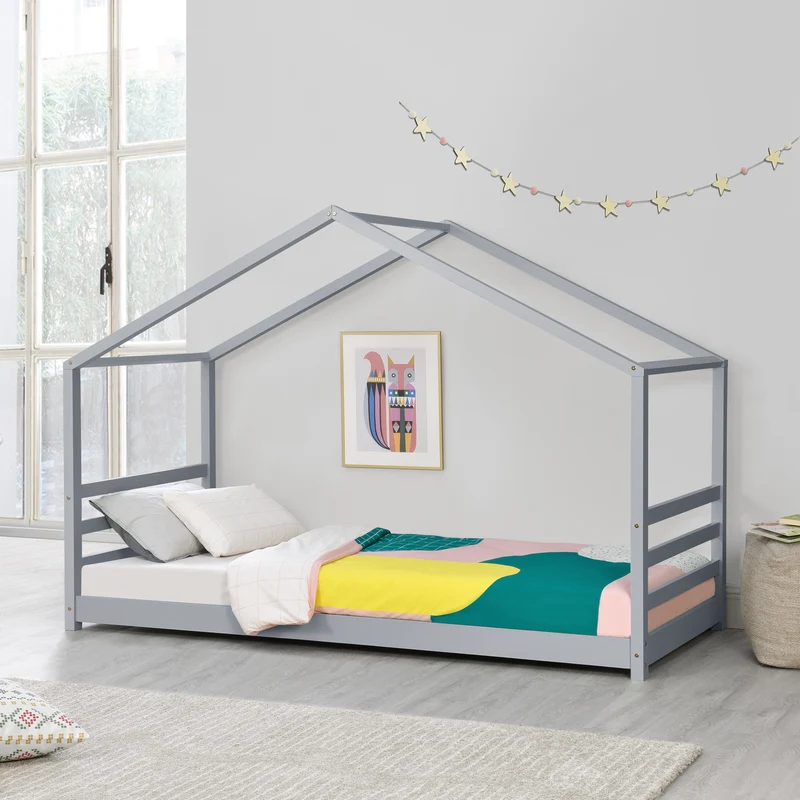 Lit pour enfant cabane maison avec sommier à lattes bois de pin gris 90 x 200 cm 03_0005506