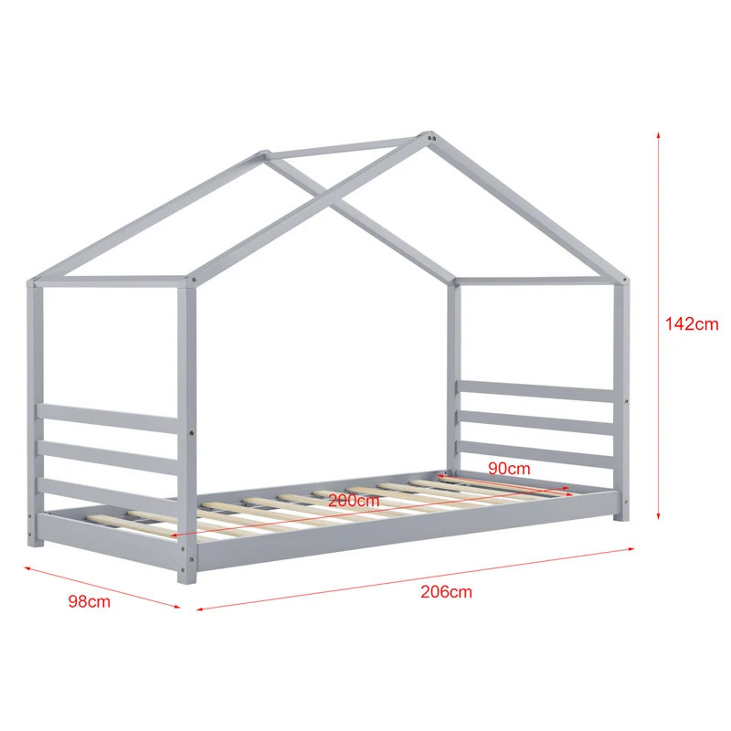 Lit pour enfant cabane maison avec sommier à lattes bois de pin gris 90 x 200 cm 03_0005506