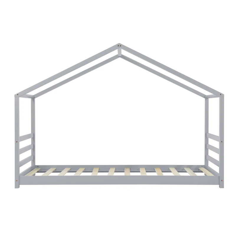 Lit pour enfant cabane maison avec sommier à lattes bois de pin gris 90 x 200 cm 03_0005506