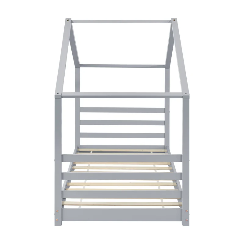 Lit pour enfant cabane maison avec sommier à lattes bois de pin gris 90 x 200 cm 03_0005506