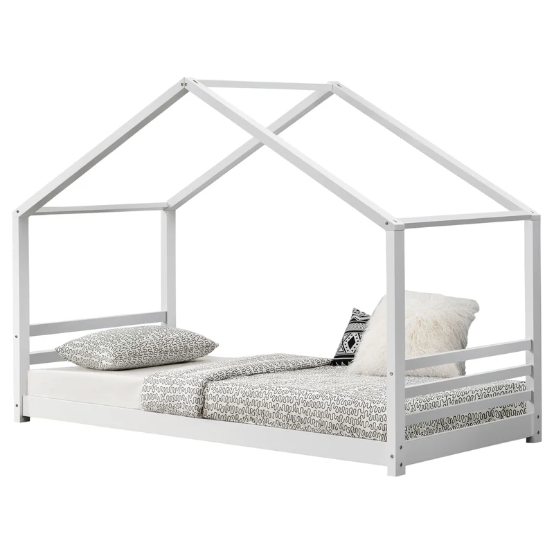 Lit pour enfant cabane maison avec sommier à lattes bois de pin blanc 90 x 200 cm 03_0002644