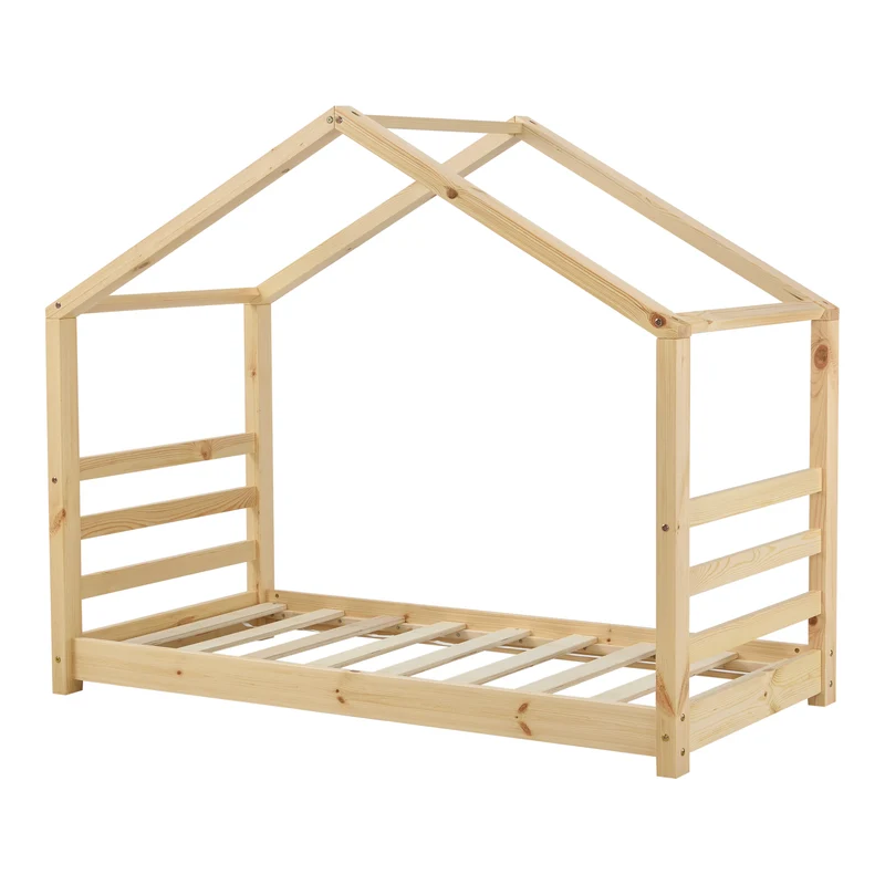 Lit pour enfant cabane maison avec matelas et sommier à lattes bois de pin naturel 80 x 160 cm 03_0005495