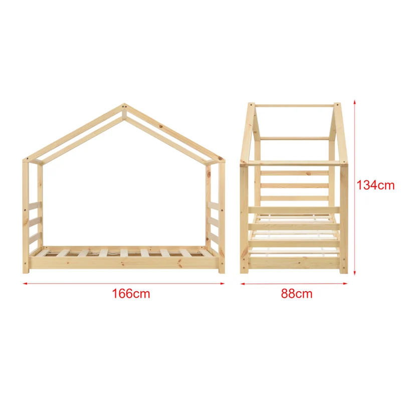 Lit pour enfant cabane maison avec matelas et sommier à lattes bois de pin naturel 80 x 160 cm 03_0005495