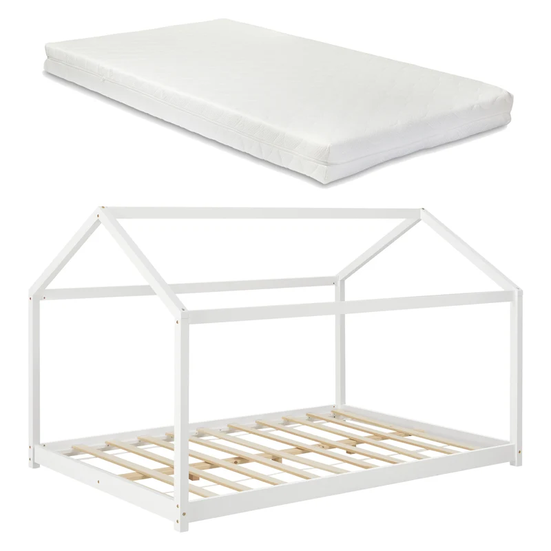 Lit pour enfant cabane maison avec matelas sommier à lattes bois de pin blanc 140 x 200 cm 03_0005510