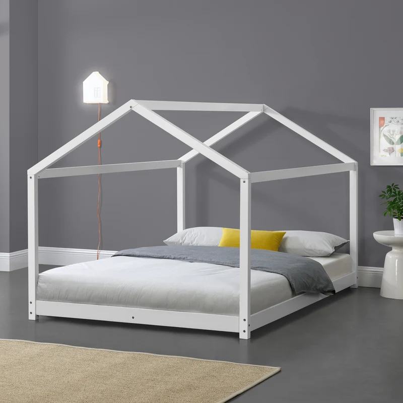 Lit pour enfant en forme de maison avec sommier à lattes en pin blanc 120 x 200 cm 03_0005405
