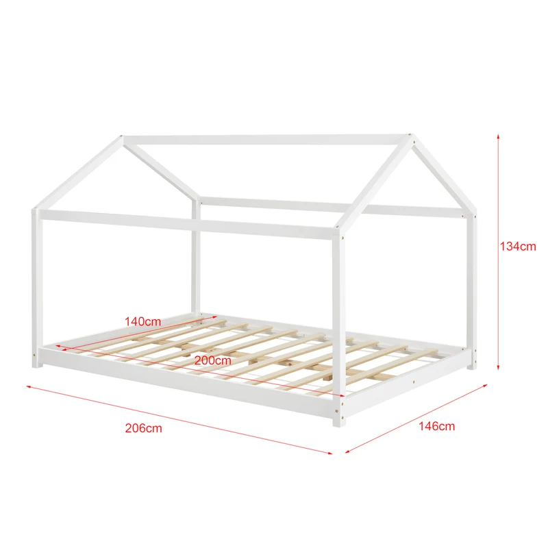 Lit pour enfant en forme de maison avec sommier à lattes en pin blanc 140 x 200 cm 03_0005406